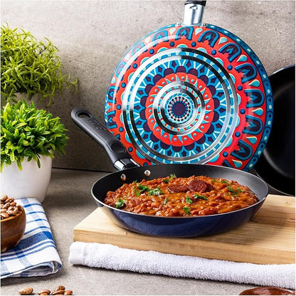 Ekco 3-Piece Frying Pan Set (7.1, 7.9 & 9.4 IN) For all Stovetops, Dishwasher Safe - Lightweight Aluminum Skillets, Non-Stick & Riveted Bakelite Handle (Hippie Chick Red & Blue) PFOA & PTFE Free