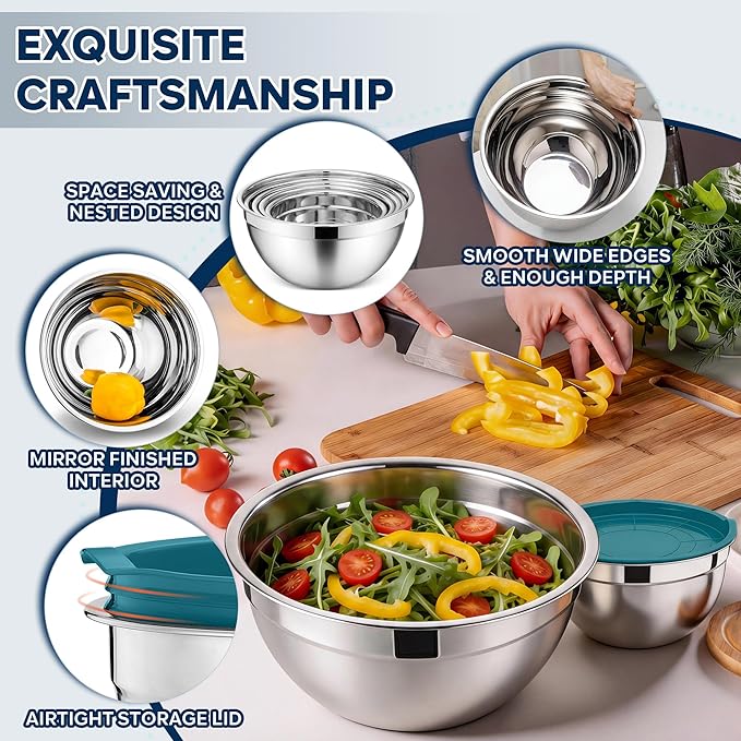 E-far Mixing Bowls With Lids Sets of 5, 10-Piece Stainless Steel Salad Metal Nesting Bowl for Baking Cooking and Prepping, Airtight Lid & Stackable Design, Size 4.6, 3, 2.1, 1.5, 0.7 QT, Blue - Image 3
