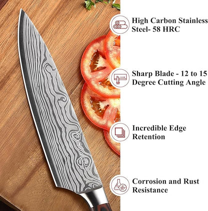 Sunnecko 8 Inch Chef Knife, Professional Japanese Style Kitchen Knife for Meat Vegetable Cutting, Ultra Sharp High Carbon Stainless Steel Blade, Ergonomic Pakkawood Handle & Sheath, Cooking Gift Box