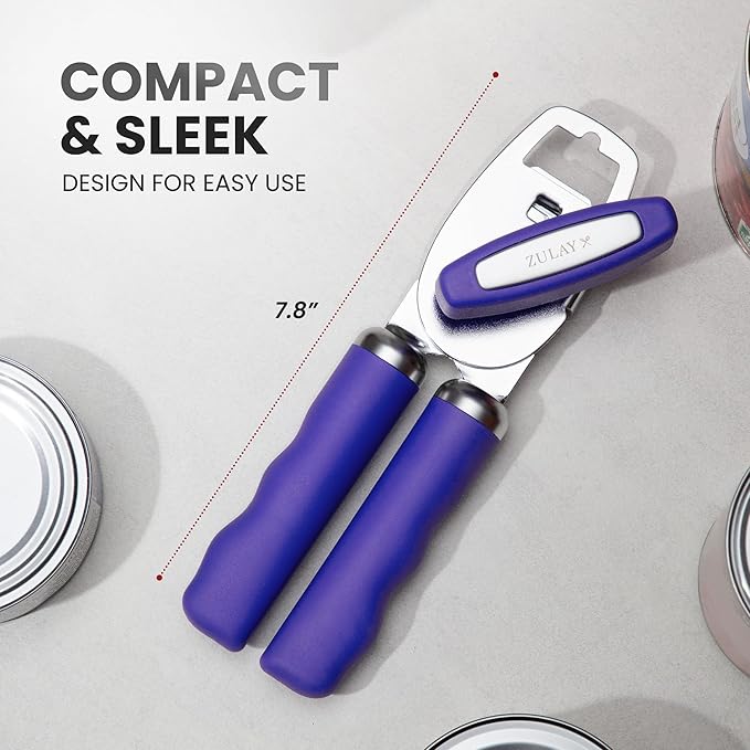 Zulay Kitchen Heavy Duty Stainless Steel Can Opener Manual with Bottle Opener - Rust Proof Manual Can Opener With Turn Knob & Comfy Soft Grip Handles - Purple - Image 2