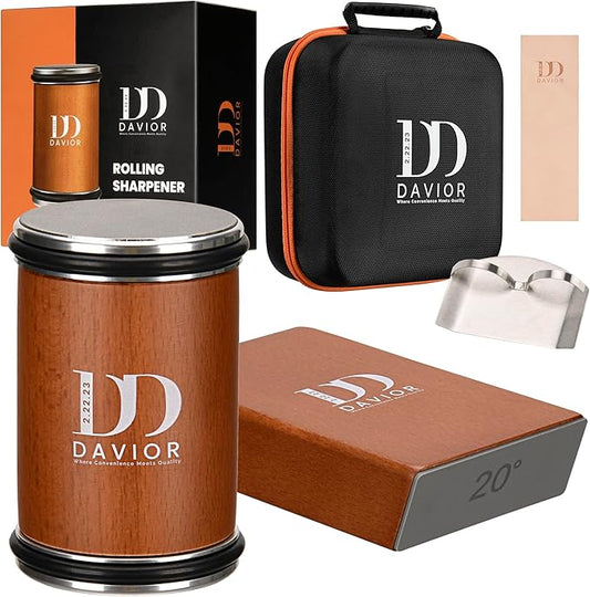 Davior Rolling Knife Sharpener Kit with Diamond Discs, 15° & 20° Multi Angle Magnetic Knife Sharpener Roller Tool for Kitchen and Pocket Knives, Finger Protector, Leather Strop & Carry Bag