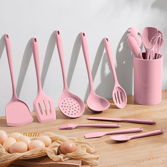 Homikit 15-Piece Kitchen Utensil Set, Silicone Cooking Utensils Spatula Set with Holder for Nonstick Cookware, Heat Resistant Kitchen Tools Gadgets for Cooking and Baking-Pink - Image 6