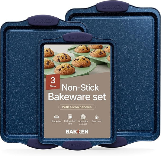 BAKKEN Kitchen Baking Pan Set - Nonstick Coating, Carbon Steel Bakeware Sets with Blue Silicone Handles, Baking Kitchen Essentials, PFOA, PFOS, PTFE Free, Oven Safe Tray (Up To 450° F), Set of 3 by BAKK%C3%8BNMASTER
