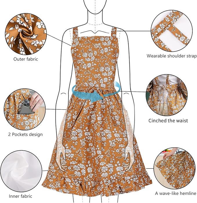 Pinknoke Vintage Pinafore Apron Dress for Women with Pockets Cute Floral Chef Aprons for Kitchen Cooking Baking Gardening - Image 3