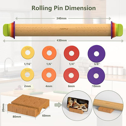 Rolling Pin with Thickness Rings for Baking,Fondant, Pizza, Pie Crust, Cookie, Pastry, Roller Rod for Dough Thickness, 13.6" Adjustable Wood Rolling Pin with 4 Thickness Rings and Wooden Stand - Image 8