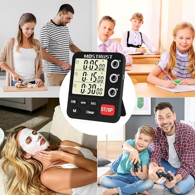 Digital Dual Kitchen Timer, 3 Channels Triple Countdown Timer for Cooking, Magnetic Memory-Preset Large Display Adjustable Volume, Multi Time Management, 3A Battery Included, Black - Image 6