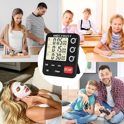 Digital Dual Kitchen Timer, 3 Channels Triple Countdown Timer for Cooking, Magnetic Memory-Preset Large Display Adjustable Volume, Multi Time Management, 3A Battery Included, Black - Image 6