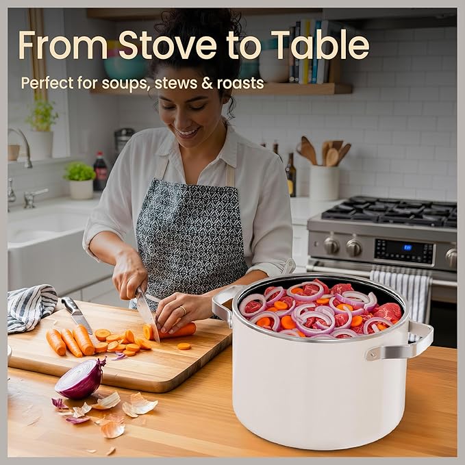 Bakken 5 Quart Ceramic Coated Stock Pot with Lid, Easy to Clean Nonstick Pot, Tempered Glass Lid, Riveted Stainless Steel Handles, Oven Safe Up To 500°F, PTFE & PFAS Free, All Stove Compatible, Cream - Image 5