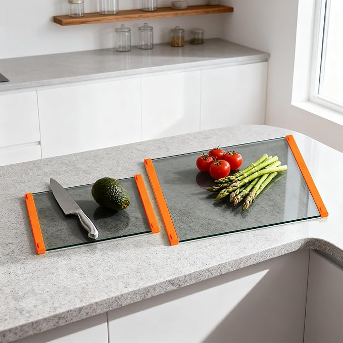 Glass Cutting Boards for Kitchen(12x16" & 12x8"),European Grey Glass Paired with Orange Silicone Grip,No Scratches/Microplastic-Free/Non Toxic,Excellent Gift for Mother's Day and Father's Day