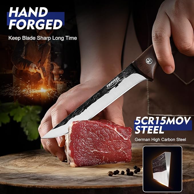 Topfeel 4PCS Hand Forged Butcher Knife Set - Slicing Knife,Boning Knife, Dividing Knives,Skinning Butcher Knives,High Carbon Steel Meat Cutting cleaver for Home Kitchen & Outdoor