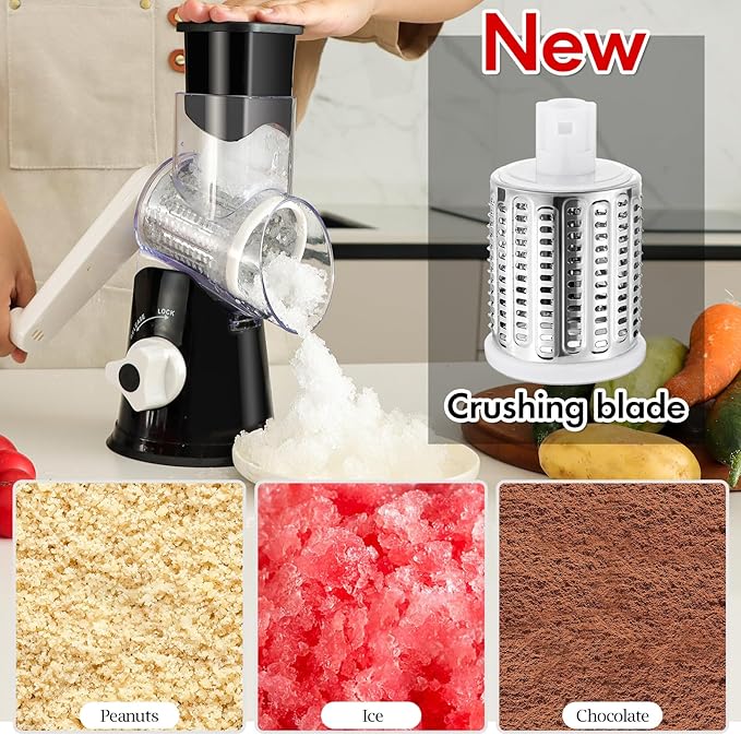 Ourokhome Rotary Cheese Grater Hand Crank, Kitchen Shredder Speed Mandolin Slicer Ice Shaver with Handle and Drum Blades for Cheese, Vegetable, Nuts, Chocolate, Potato, Carrot, 5 Blades, Black - Image 3