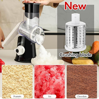 Ourokhome Rotary Cheese Grater Hand Crank, Kitchen Shredder Speed Mandolin Slicer Ice Shaver with Handle and Drum Blades for Cheese, Vegetable, Nuts, Chocolate, Potato, Carrot, 5 Blades, Black - Image 3
