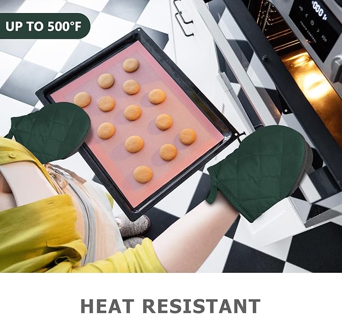 1 Pair Short Oven Mitts - Silicone Kitchen Oven Gloves High Heat Resistant 500℉, Mini Oven Mits with Non-Slip Grip Surfaces and Hanging Loop for BBQ, Baking, Cooking and Grilling (ArmyGreen) - Image 2