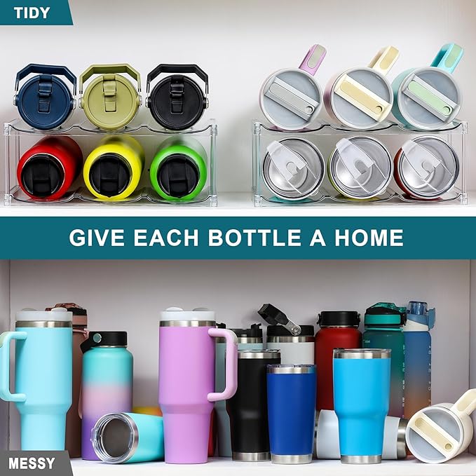 LARGER Compartment - Stackable Water Bottle Organizer Holder - for Stanley & Others' Large Tumbler - Clear Wine Rack, Cup Bottle Holder for Cabinet Home Countertop Fridge Pantry Shelf, 2 Tier Hold 6 - Image 3