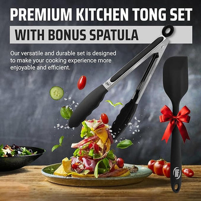 Kaluns Kitchen Tongs for Cooking Grilling Set of 4, BBQ Grill Tongs With Silicone Tip Stainless Steel Heat Resistant, Non-stick Pull Lock, Incl 7, 9, 12 Inch Tong Plus a Silicone Spatula - Image 7