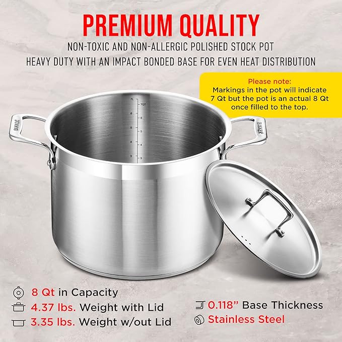 Stainless Steel Stockpot with Lid 8 Quart, Durable 18/8 Stainless Steel, Impact-Bonded Base for Even Heating, Riveted Handles, Oven & All Stove Compatible, Safe Up To 500°F (260°C) - Image 6