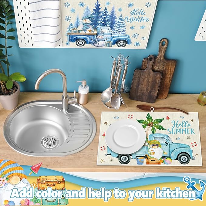 Teenyyou 4 Pcs Seasonal Dish Drying Mats for Kitchen 24"x 16" Winter Holiday Microfiber Absorbent Washable Drainer Mat for Counter Spring Summer Fall Home Accessories Decoration(Truck) - Image 2