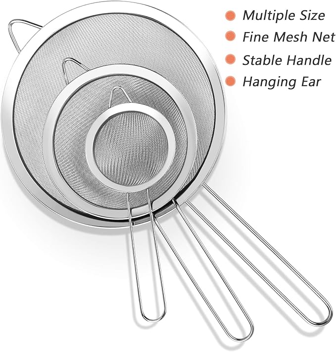 3Pcs Super Wire Extra Fine Mesh Strainer with Handle, Small Medium Large Size Sifter Metal Strainer Set, Stainless Steel Sieve Fine Mesh Strainers for Kitchen Rice Juice Quinoa Food Flour Baking YLYL - Image 6