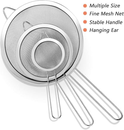 3Pcs Super Wire Extra Fine Mesh Strainer with Handle, Small Medium Large Size Sifter Metal Strainer Set, Stainless Steel Sieve Fine Mesh Strainers for Kitchen Rice Juice Quinoa Food Flour Baking YLYL - Image 6