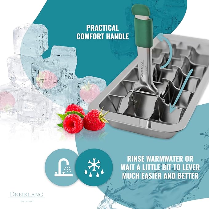 Stainless Steel Polished Ice Cube Tray for freezer with Lever Insert for Easy Release with cold-insulated comfort grip | Food-Safe & Durable Ice Cube Maker | Plastic-Free Large