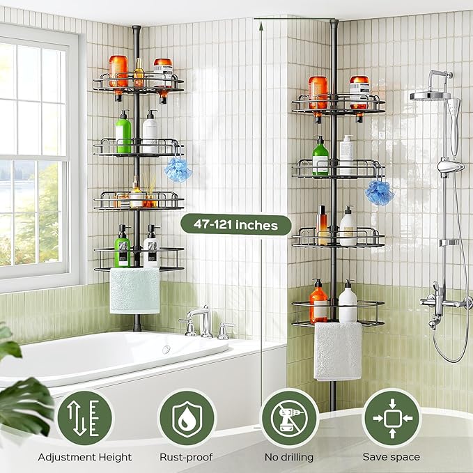 HAMITOR Corner Shower Caddy Tension Pole: 4-Tier Rust-Resistant Adjustable Bathroom Organizer Shelves - 47-121 Inch No-Drill Quick Installation - Space-Saving Storage for Renters Families - Black - Image 7