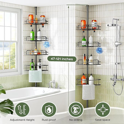 HAMITOR Corner Shower Caddy Tension Pole: 4-Tier Rust-Resistant Adjustable Bathroom Organizer Shelves - 47-121 Inch No-Drill Quick Installation - Space-Saving Storage for Renters Families - Black - Image 7
