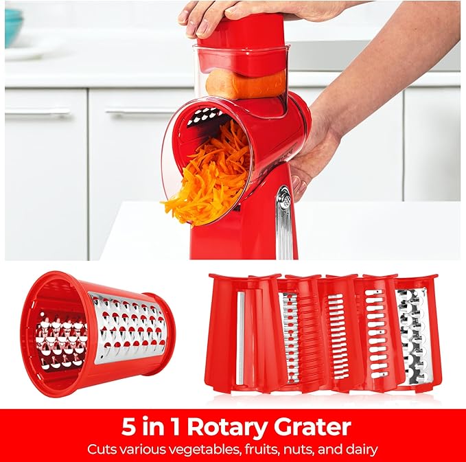 SUSTEAS Rotary Cheese Grater with Handle - Vegetable Shredder with 5 Well-designed Blades & Strong Suction Base,Round Mandoline Slicer & Food Chopper for Kitchen,with Blade Storage Box(Red) - Image 2
