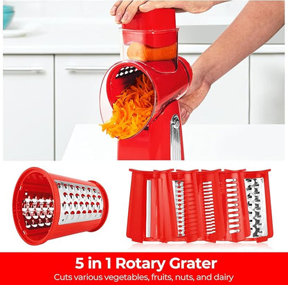 SUSTEAS Rotary Cheese Grater with Handle - Vegetable Shredder with 5 Well-designed Blades & Strong Suction Base,Round Mandoline Slicer & Food Chopper for Kitchen,with Blade Storage Box(Red) - Image 2