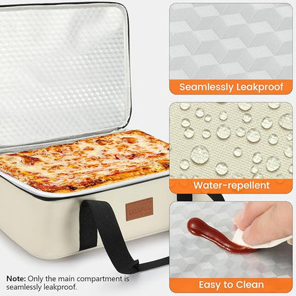 Food Warmer Electric Casserole Carrier - Large Heated Lunch Bag for Car Truck, 12V/24V/110V, Thermos for hot food for Potluck Cookouts Parties Picnic,Lasagna Lugger,Fits 9"x13" Baking Pan (Beige)