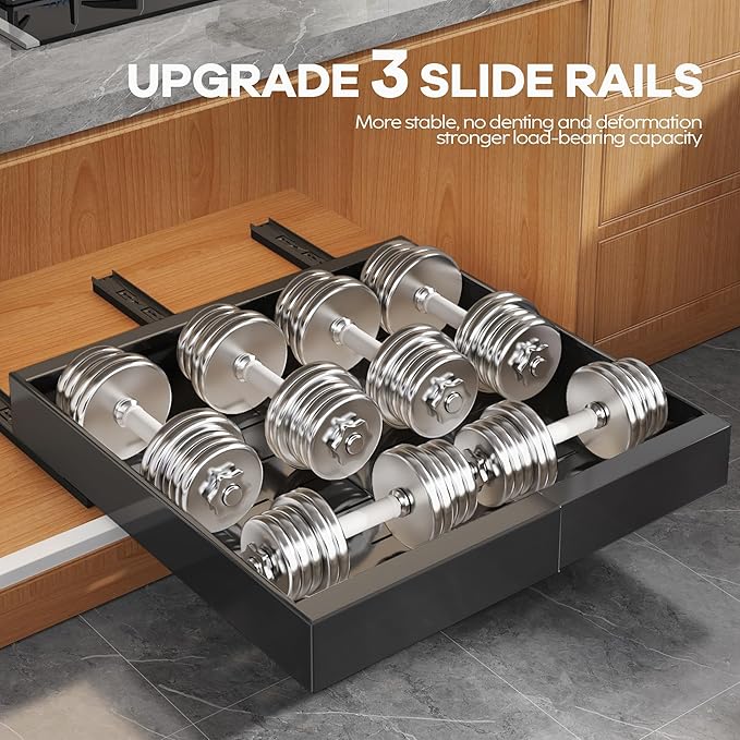 Seinloes 2Pack Expandable Pull Out Cabinet Organizer 21"Deep with Raising Pad for Framed Cabinets, Upgrade 3 Slide Rails Slide Out Drawers, Roll Out Shelves Adhesive,Adjustable Width 12.05"-20.4"Black - Image 6