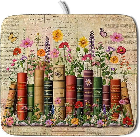 Colorful Books Kitchen Drying Mat - Watercolor Floral Drying Matt Kitchen Counter 16 X 18 In by Giwawa