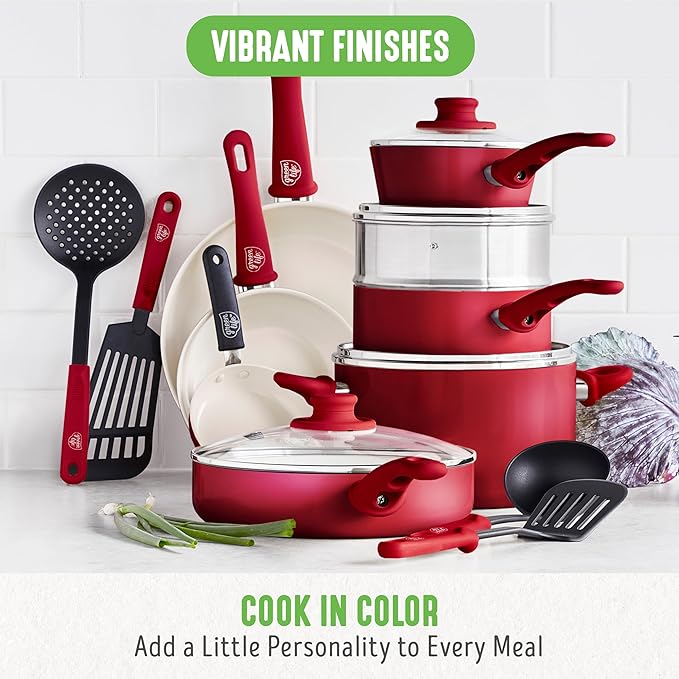 GreenLife 16 Piece Nonstick Cookware Set, Soft Grip Non-Toxic PFAS-Free Ceramic Pots & Pans, Dishwasher & Oven Safe, Frying, Sauce, Saute, Utensils, Glass Lids, Stay-Cool Handles, Wobble Free, Red - Image 8