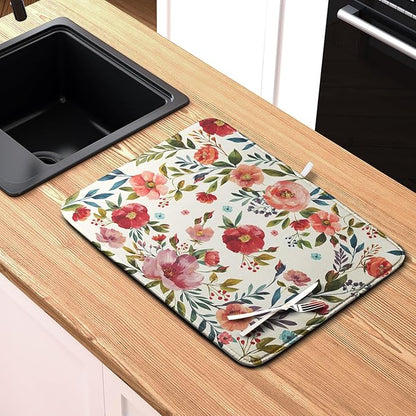 Floral Dish Drying Mat for Kitchen Counter Absorbent Microfiber Dishes Drying Pad Cute Flowers Dish Drainer Rack Mats Washable Coffee Sink Mat 16x18 Inch - Image 6