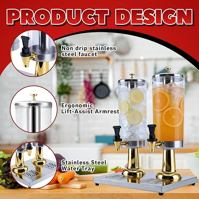 2-Gallon Drink Dispenser with Stainless Steel Drip Tray - Party Beverage Juice Lemonade Iced Tea Water Dispenser for Church Events, Catering, Family Gatherings & Outdoor (GOLD)