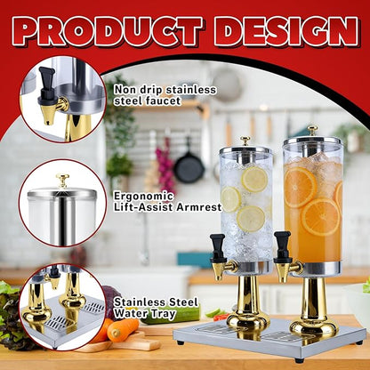 2-Gallon Drink Dispenser with Stainless Steel Drip Tray - Party Beverage Juice Lemonade Iced Tea Water Dispenser for Church Events, Catering, Family Gatherings & Outdoor (GOLD)