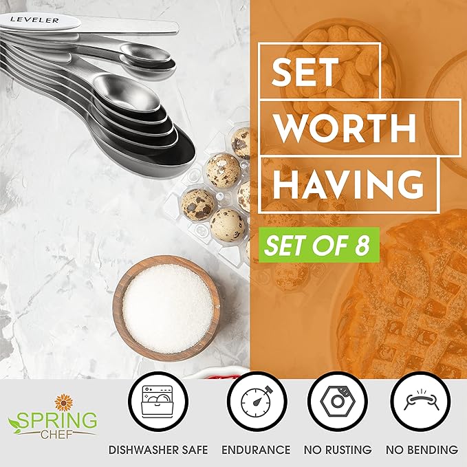 Spring Chef White Stainless Steel Magnetic Measuring Spoons Set of 8 with Leveler, Dual Sided Metal Teaspoon & Tablespoon Measuring Spoons, Fits in Spice Jars, Kitchen Gadgets for Baking & Cooking - Image 3