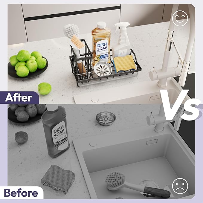 SWTYMIKI Large Sink Caddy Kitchen Sink Organizer with Detachable Brush Holder, Stainless Steel Sponge Holder with Removable Drip Tray Sponge Caddy for Kitchen Countertop, Black - Image 6