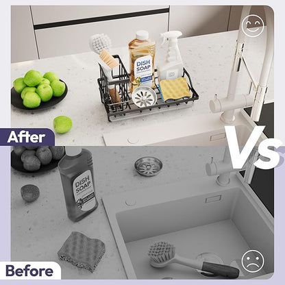 SWTYMIKI Large Sink Caddy Kitchen Sink Organizer with Detachable Brush Holder, Stainless Steel Sponge Holder with Removable Drip Tray Sponge Caddy for Kitchen Countertop, Black - Image 6