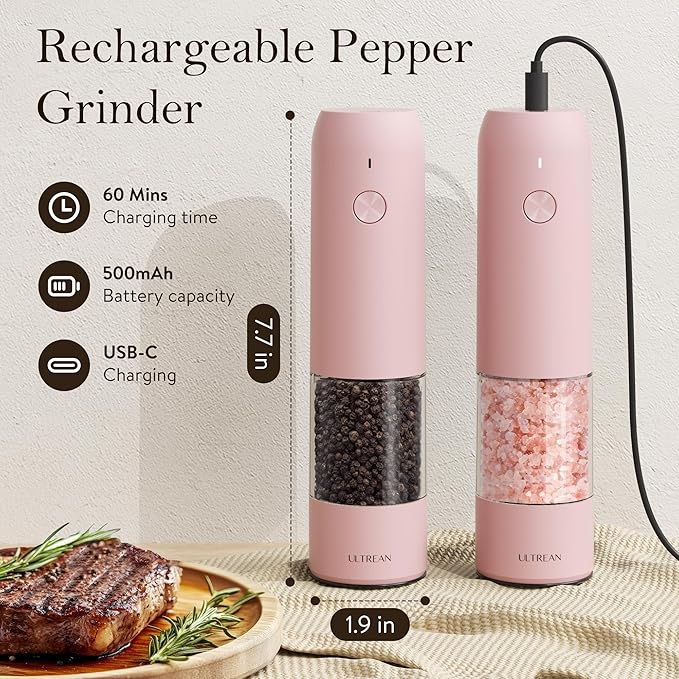 Ultrean Pepper Grinder, Rechargeable Salt and Pepper Grinder with 6 Adjustable Coarseness, LED Light, Automatic Grinder for Kitchen, Cooking Gifts for Women Valentines Day Gifts for Her, Pink - Image 4