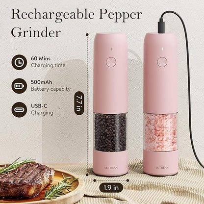 Ultrean Pepper Grinder, Rechargeable Salt and Pepper Grinder with 6 Adjustable Coarseness, LED Light, Automatic Grinder for Kitchen, Cooking Gifts for Women Valentines Day Gifts for Her, Pink - Image 4