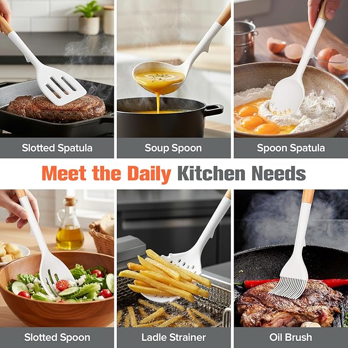 Silicone Cooking Utensils Set of 10 with Wooden Handle,No Scratch for Nonstick Cookware,Slotted Spoon&Spatula,Solid Spoon&Spatula,Large Measuring Ladle,Brush,Rice Paddle,Baking Turner&Flipper (White)