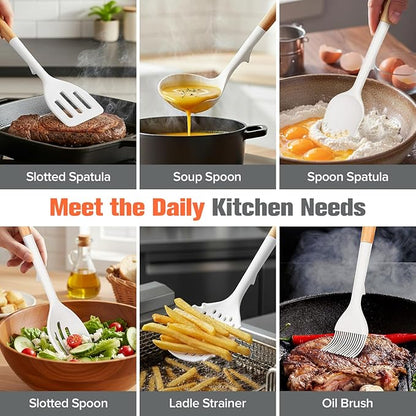 Silicone Cooking Utensils Set of 10 with Wooden Handle,No Scratch for Nonstick Cookware,Slotted Spoon&Spatula,Solid Spoon&Spatula,Large Measuring Ladle,Brush,Rice Paddle,Baking Turner&Flipper (White)