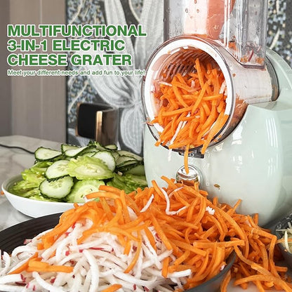Electric Cheese Grater for Block Cheese - 3 in 1 Rotary Cheese Grater Electric Rotary Grater Salad Shooter Electric Slicer for Cheeses, Fruits, Vegetables and Nuts (Green, L)