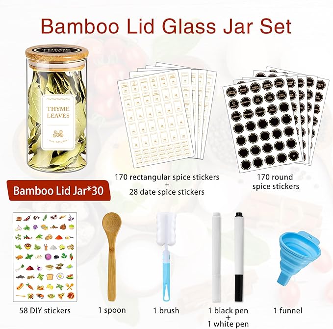 BGraceyy Spice Jars with Labels, 30Pcs 6oz Glass Spice Jars with Bamboo Lids, Minimalist Stackable Airtight Spice Containers with 426 labels for Kitchen Seasoning, Tea, Herbs, Coffee, Sugar,Shells - Image 3