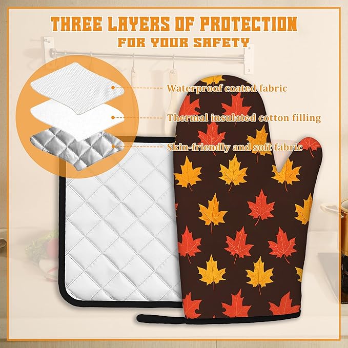 Maple Leaf Oven Mitts and Pot Holders Set,Autumn Kitchen Decor Heat Resistant Non Slip Hot Pads and Oven Mitt for Chef Cooking Baking BBQ Mom Girl Gifts(4 Piece Set)