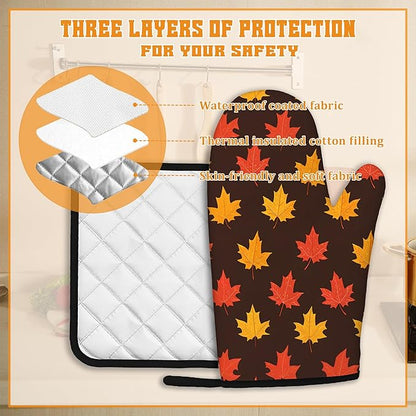 Maple Leaf Oven Mitts and Pot Holders Set,Autumn Kitchen Decor Heat Resistant Non Slip Hot Pads and Oven Mitt for Chef Cooking Baking BBQ Mom Girl Gifts(4 Piece Set)