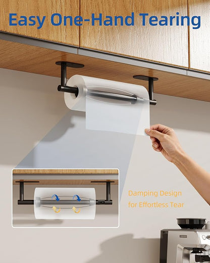RUACQ Paper Towel Holder Under Cabinet, One Hand Tearing Paper Towel Holder with Damping Effect, Wall Mount & Adhesive Stainless Steel Paper Roll Holder for Kitchen Bathroom (Matte Black)
