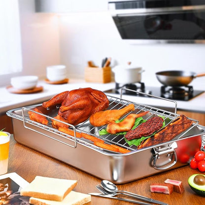 Teenyyou Extra Large Stainless Steel Turkey Roaster with Racks 23.6 * 15.7in Turkey Roaster Pot, with Stainless Steel Detachable Rack Suitable for Poultry, Chicken, Ham, Vegetable