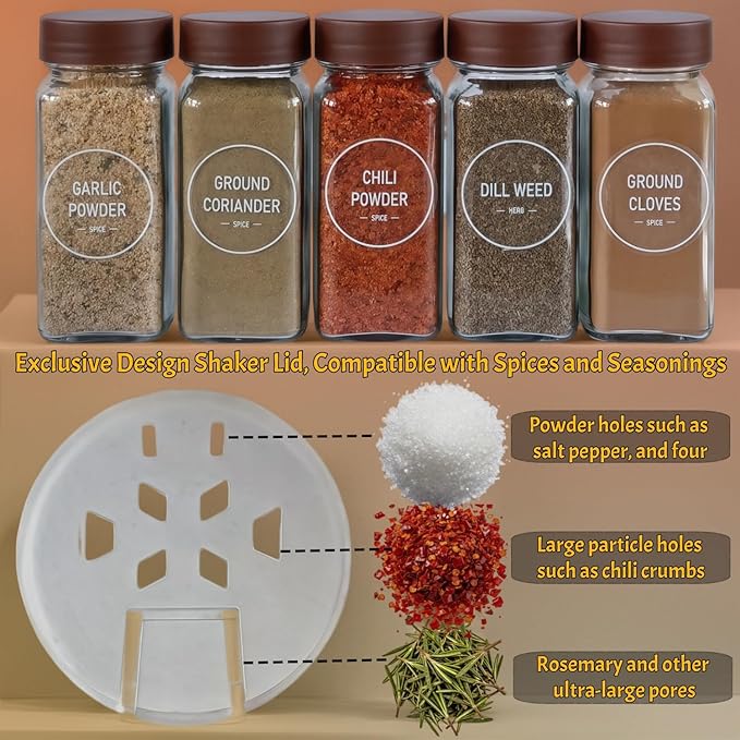 Spice Jars with Labels - 24 Glass Spice with Shaker Lids & Airtight Plastic Caps - 4oz Complete Seasoning Containers Organizer Set for Cabinet, Drawer & Rack (Brown) - Image 4