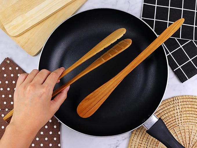 Teak Wood Toast Tongs – 12 Inches Long Wooden Toaster Tongs with Anti-Slip Design for Bread, Meat, and Pasta